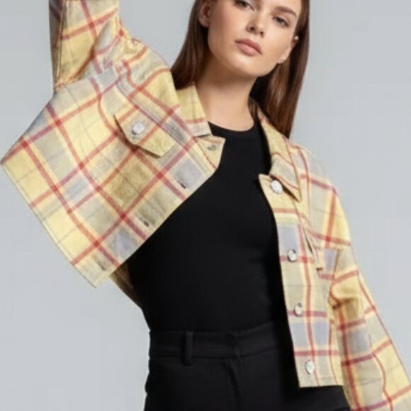 NWT REVOLVE WeWoreWhat plaid denim jacket garden glade yellow red gray XS/S - Picture 1 of 14